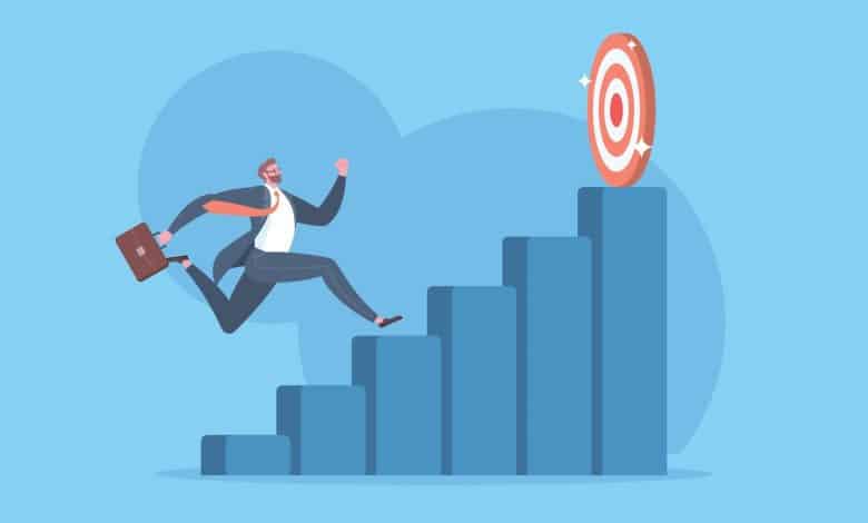 Graphical representation of upskilling, with a man in a suit climbing stairs to reach a target.