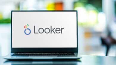 Laptop computer displaying logo of Looker Data