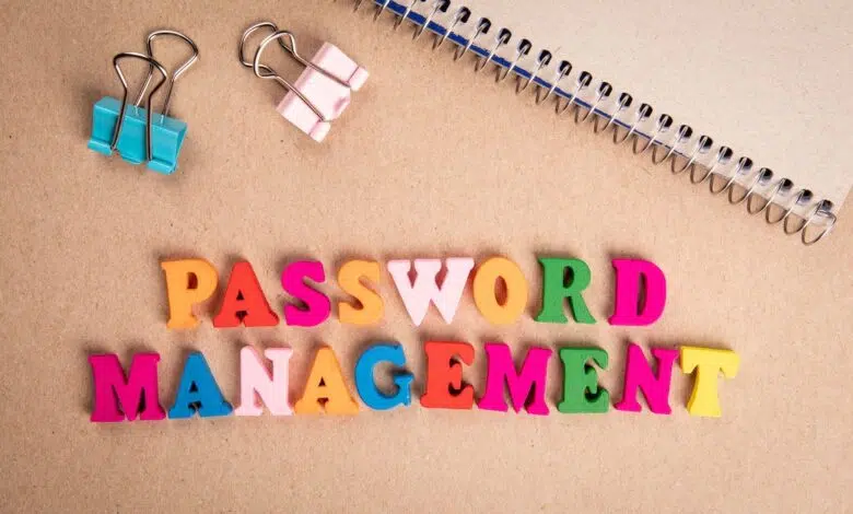 Password Management. Colorful wooden letters on cardboard