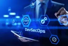 DevSecOps Software development cycle programming concept. Businessman pressing button.
