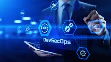 DevSecOps Software development cycle programming concept. Businessman pressing button.