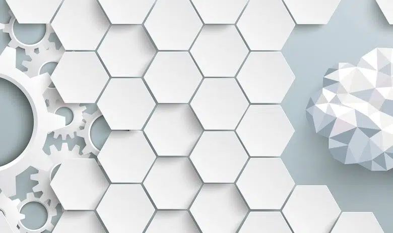 Hexagon structure with gears and cloud on the gray background. Eps 10 vector file.