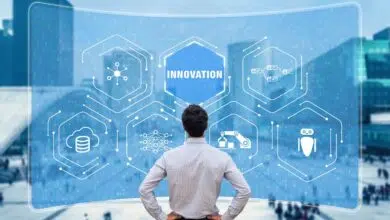 Innovation concept with researcher working on emerging technologies to develop innovative products. Digital disruption with IoT, robotic process automation, big data and artificial intelligence