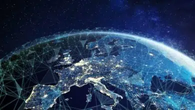 Telecommunication network above Europe viewed from space with connected system for European 5g LTE mobile web, global WiFi connection, Internet of Things (IoT) technology or blockchain fintech