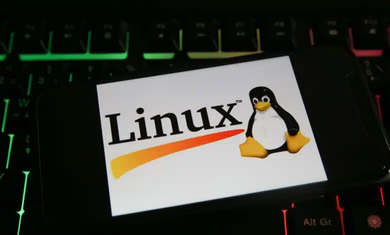 Closeup of mobile phone screen with logo lettering of linux on computer keyboard.