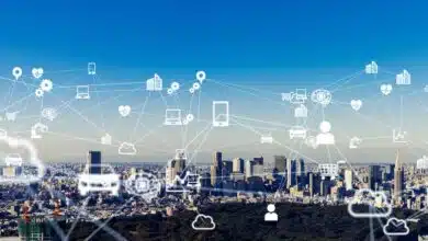 Interconnected Internet of Things icons over a city.