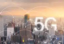 Network connection technology in the city, with 5g internet networking sign