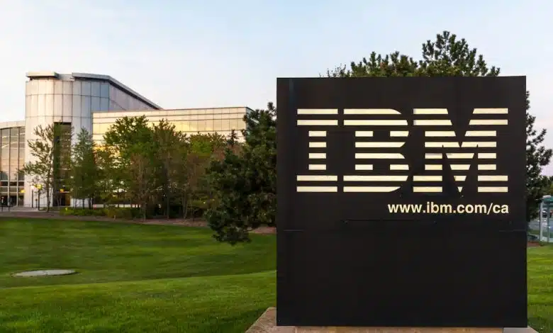 Exterior view of IBM sign at IBM Canada Head Office on May 16, 2018 in Markham, Ontario, Canada.