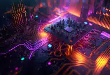 A circuit board lit up with pink light representing generative AI.