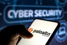 A phone with the Palo Alto Networks logo above a screen that says cyber security.