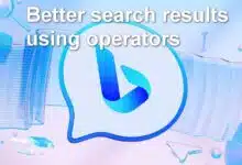 White text "Better search results using operators" over the Bing logo with search icons floating in the background