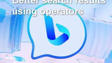 White text "Better search results using operators" over the Bing logo with search icons floating in the background