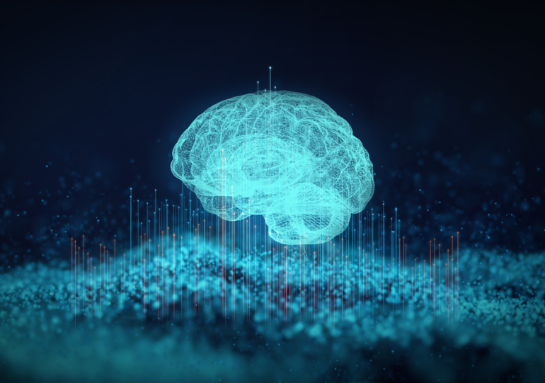 El cerebro que representa la inteligencia artificial se compone de puntos de datos que representan la computación perimetral.