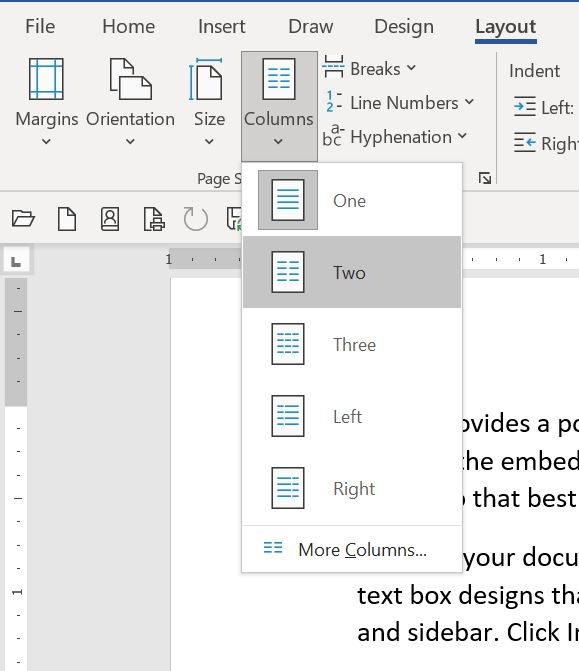 Menú desplegable de columnas en Microsoft Word, resaltando dos