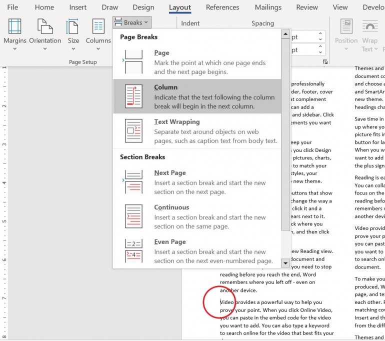 El menú desplegable Separador en Microsoft Word, con Salto de columna resaltado