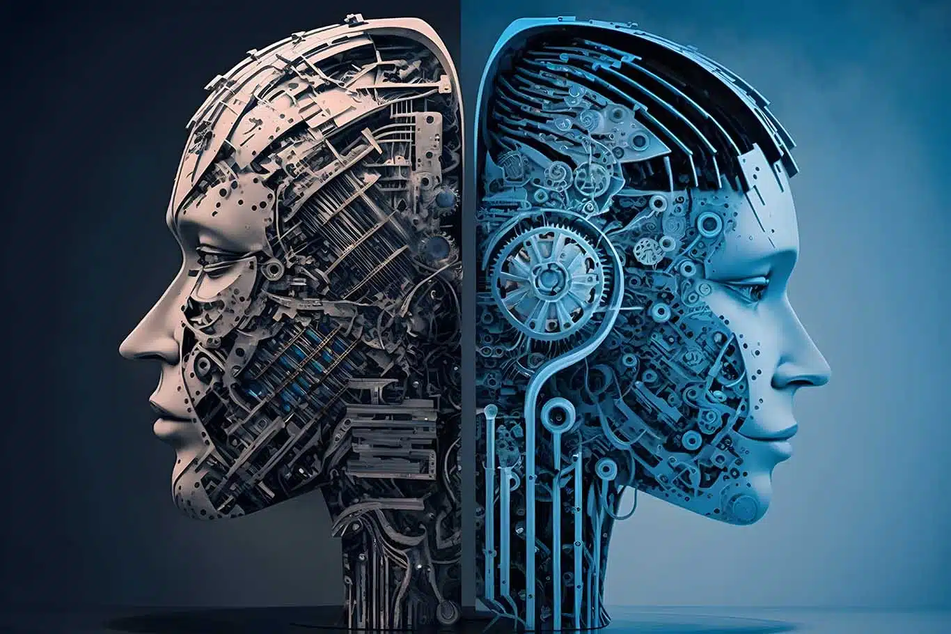 Dos robots de IA que miran en direcciones opuestas, uno a la izquierda es gris y el otro es azul.