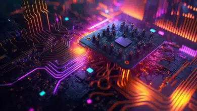 A circuit board lit up with pink light representing generative AI.