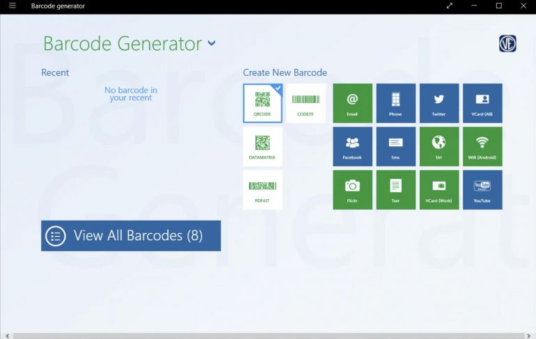Barcode Generator le permite elegir entre 12 tipos de enlaces de códigos QR, ingresar los datos necesarios y guardar el código generado.