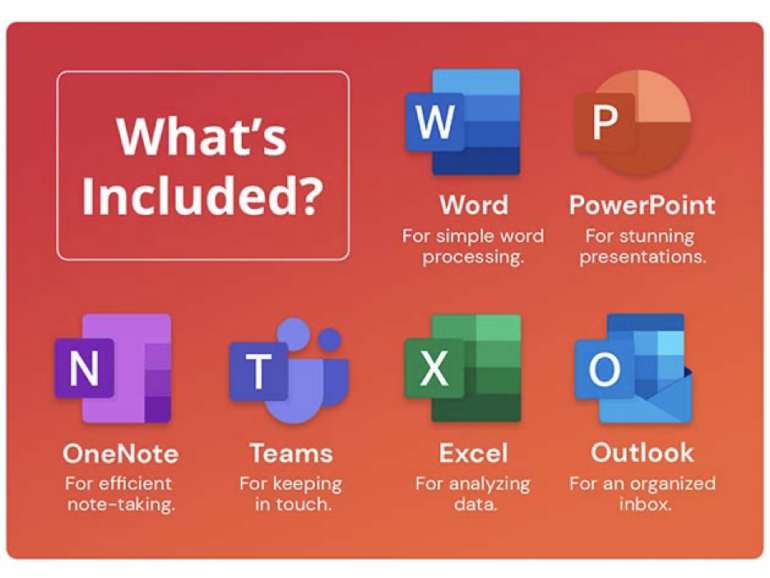 Incluye Word, PowerPoint, OneNote, Teams, Excel y Outlook.