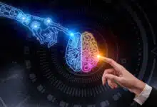 An AI hand and a human hand touching a brain.