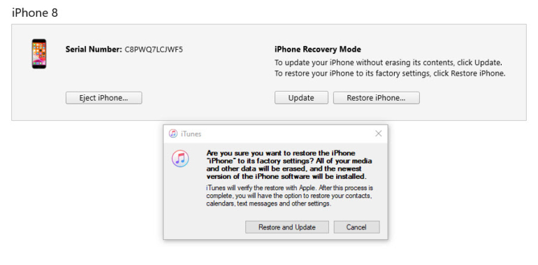 Captura de pantalla de la página de restauración del iPhone que solicita confirmar la restauración.
