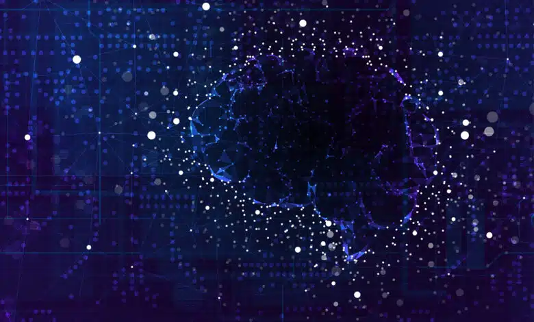 Silhouette of a digital brain on abstract futuristic background.