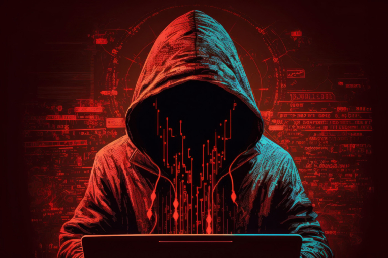 Imagen generada por inteligencia artificial de un hacker frente a una computadora portátil.