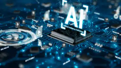 A circuit board with the word AI hovering above.
