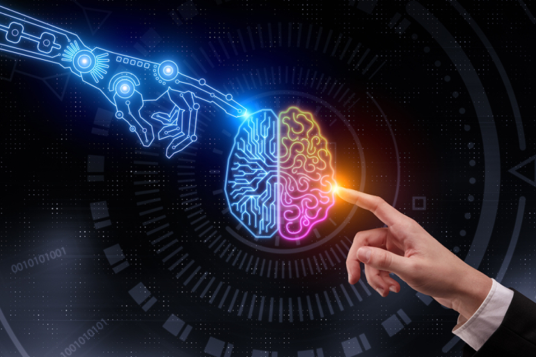 Una mano de inteligencia artificial y una mano humana tocan el cerebro.